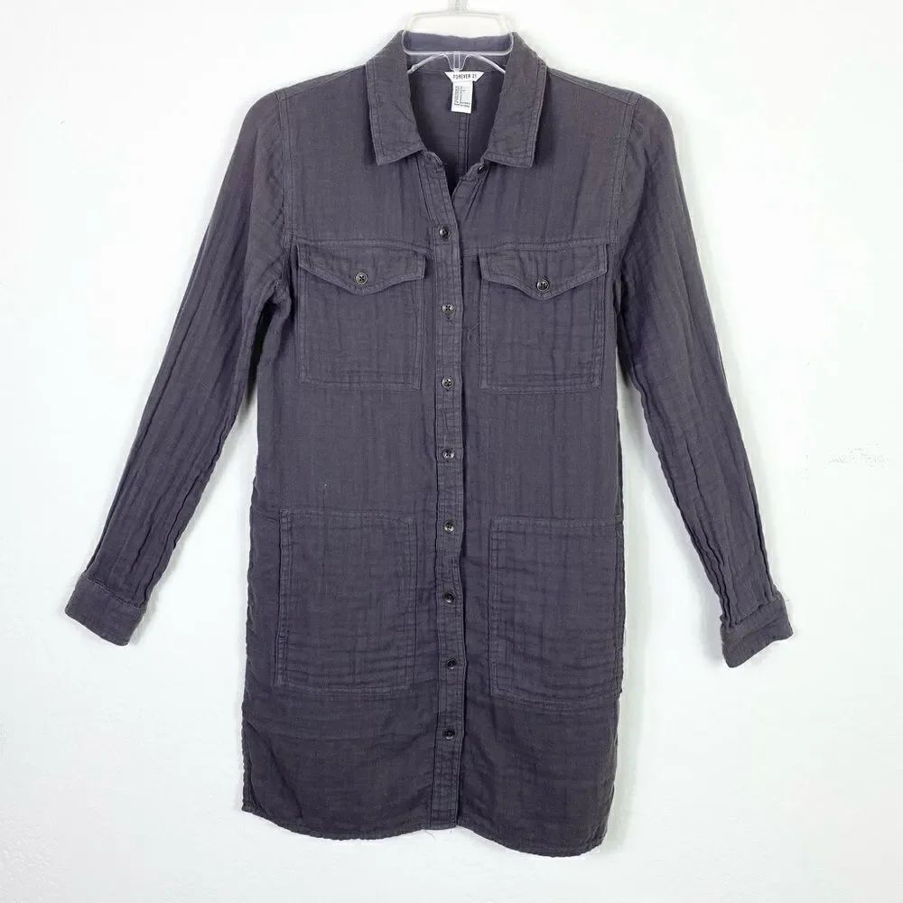 Forever 21 Grey Textured Long Sleeve Button Up Shirt Dress